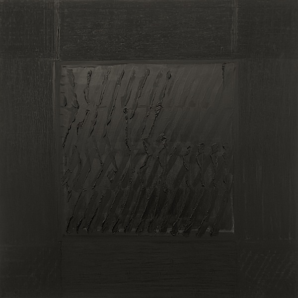 Jochen P. Heite: Komposition, o.T. [#3], 2014/15, 
Pigment gesiebt, Graphit, Ölkreide, Öl auf Leinwand, 100 x 100 cm

